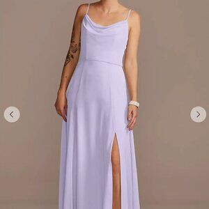 DAVIDS BRIDAL Cowl Neck Chiffon Bridesmaid Dress with Slit | Iris Color | Size 8